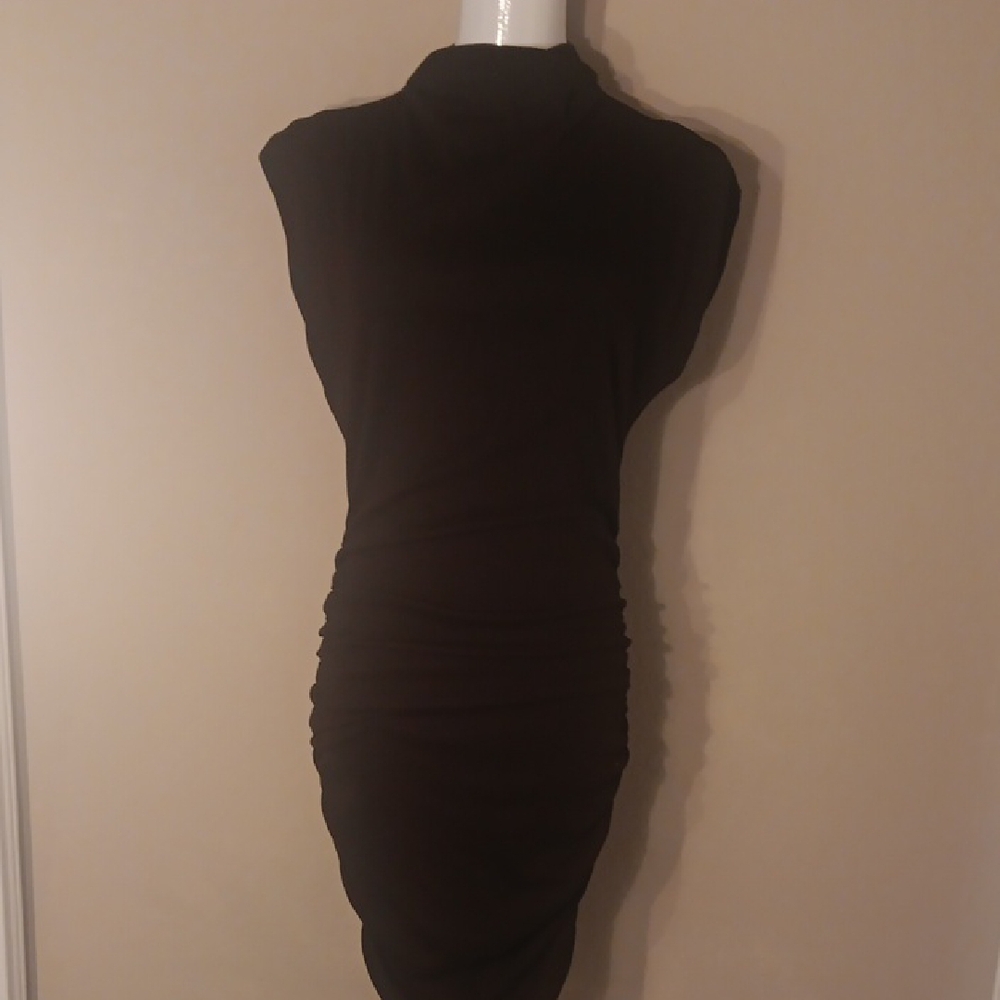 NEW! Michael Stars Gia Ribbed Black Sleevelesd Mock Neck Ruched Mini Dress - Picture 3 of 11